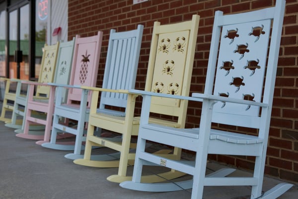 Rocking chairs from Built to Last in Currituck are part of the casual outdoor furniture renaissance.